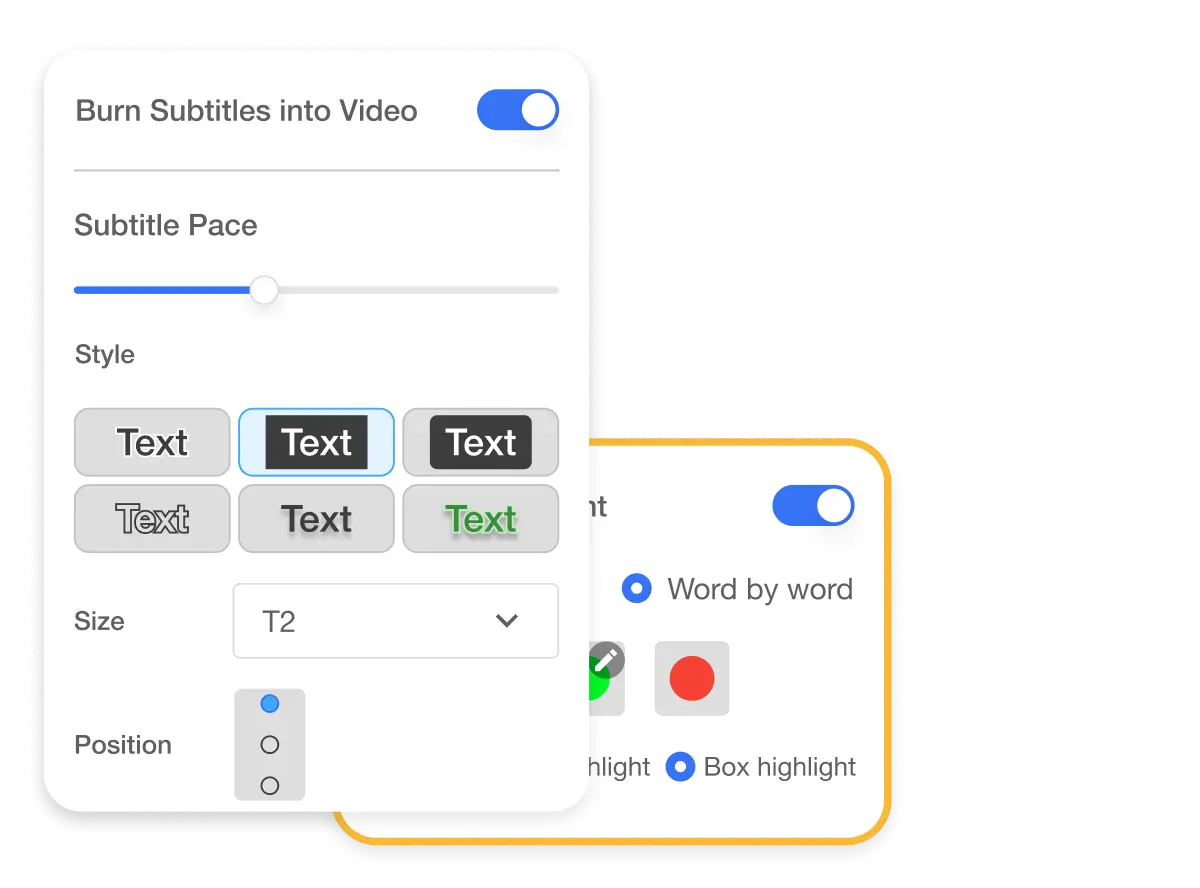 Video Branding with Subtitle Styling - Interface showing options for AI-highlighted subtitles, allowing customization of font, color, and effects to maintain a consistent and on-brand visual identity across video content.